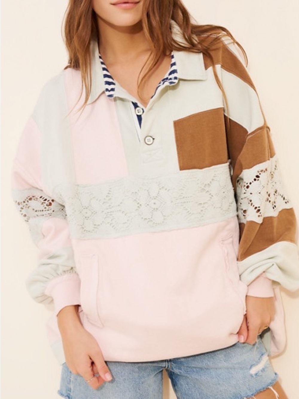 We the free American dream polo Pastel Colorblock Lace Pullover Sweatshirt